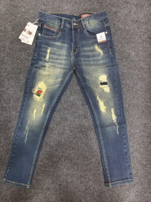 Men’s Vintage Blue Ripped Patch Regular Denim Jeans