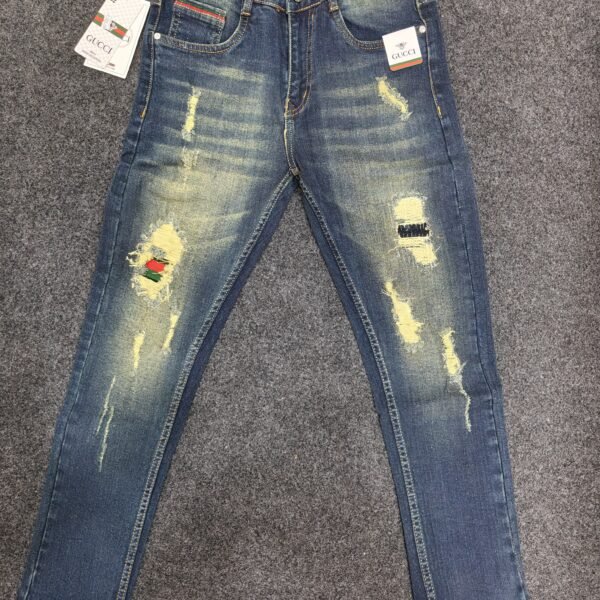 Men’s Vintage Blue Ripped Patch Regular Denim Jeans
