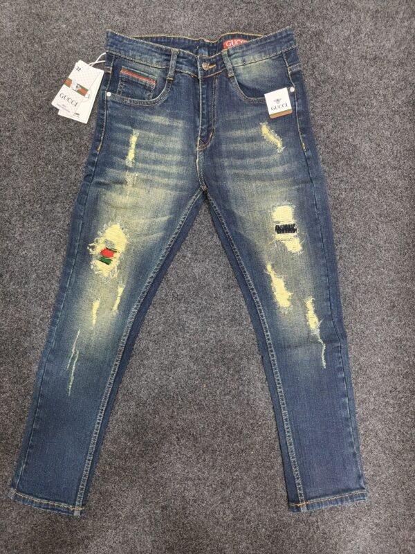 Men’s Vintage Blue Ripped Patch Regular Denim Jeans