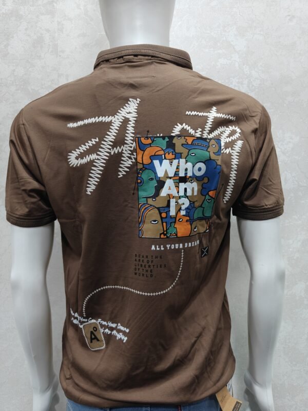“Who Am I?” Coffee‑Brown Graphic Polo