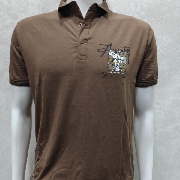 “Who Am I?” Coffee‑Brown Graphic Polo